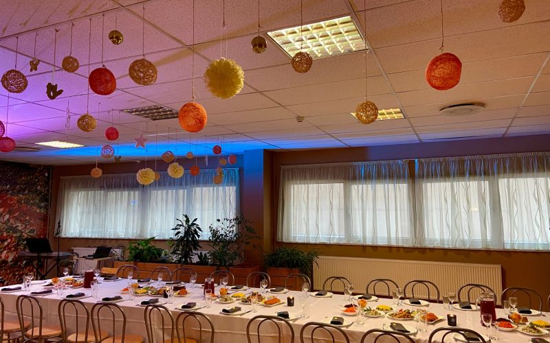 table full of food at a function room in latvia